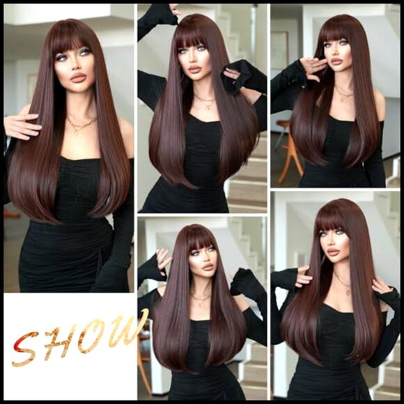 Long Straight Synthetic Wig with Bangs Heat Resistant Layered Party Festival main image 5